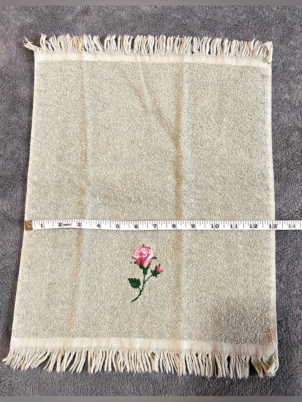 Vintage Towel Set Lot of 3 Embroidered Pink Rose Sage Green Hand Towels